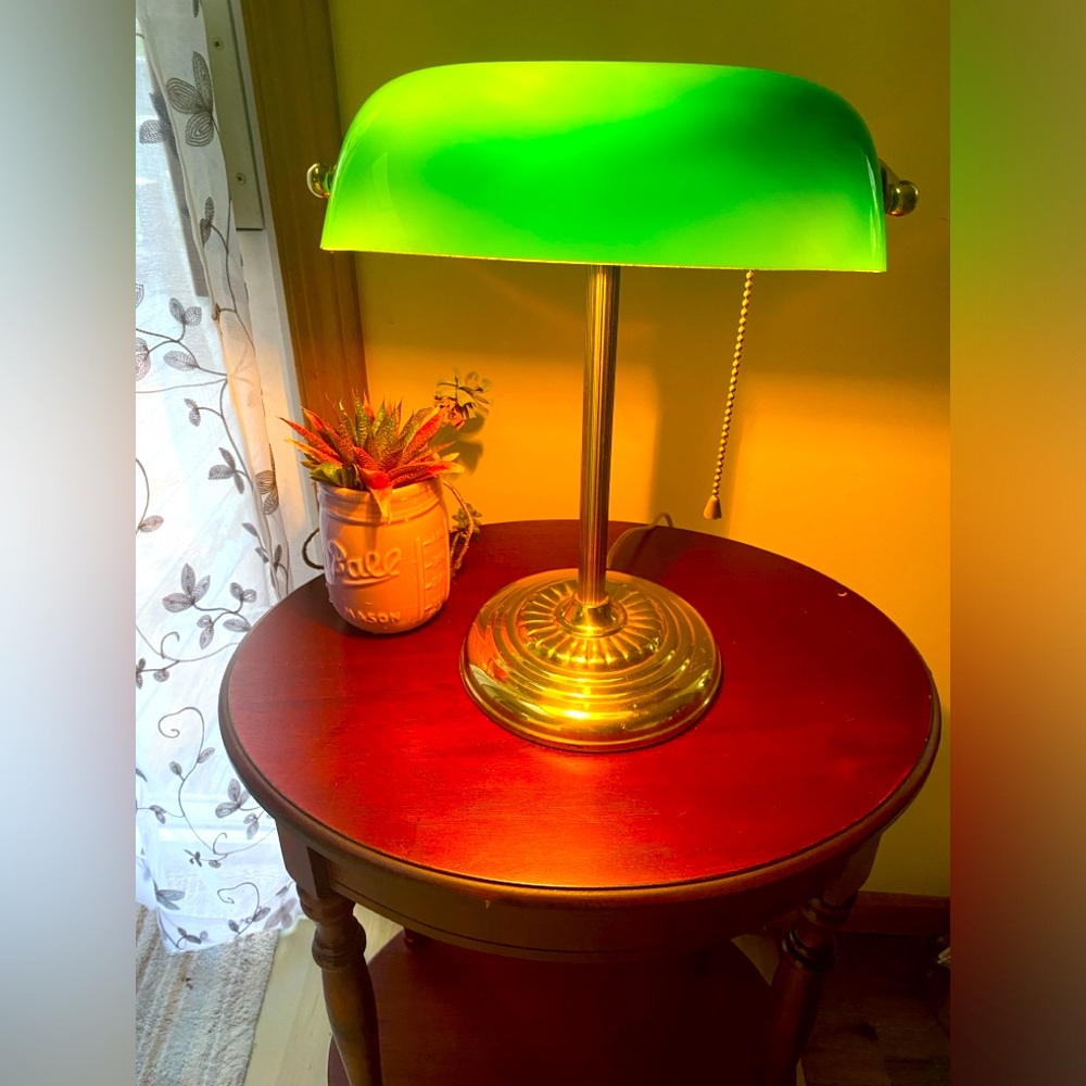 Vintage Bankers Library Office Desk 15” Lamp Green Shade Pull Chain & Gold Cord
